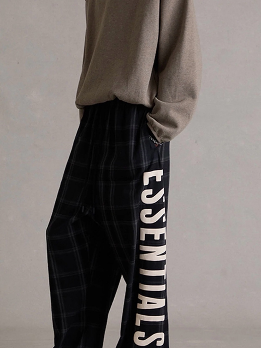 Essentials Black Plaid Joggers with White Side Logo